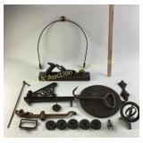 Cast Iron Scale Pieces, Wooden Plane, and Sundial