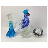 Art glass: parrot, angel candleholder, paper