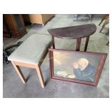 Console Table, Bench, Framed Art. Table: Wood,