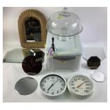 a tote, clock, cake, dish, mirror, thermometer,