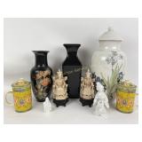 Asian items: vases, figures, geisha, urn, tea