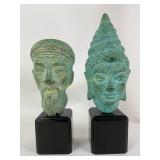 Asian heads - metal, mounted to wood block, qty 2