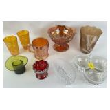 Carnival glass, toothpick holders, vase,
