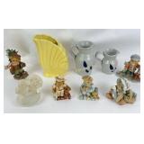 Cherished Teddy figurines, yellow vase, two crock