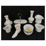 Milk glass including toothpick holders, hats,