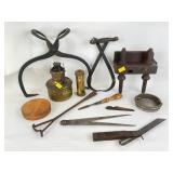 Ice tongs, some brass, Fostoria breast kerosene