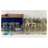Jars some with zinc lids ball, two milk bottles