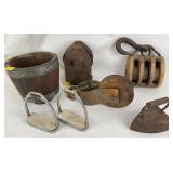 Wooden bucket,  Pulleys. Sad iron all in good