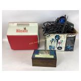 Colored outdoor lights, Winston cooler, wooden