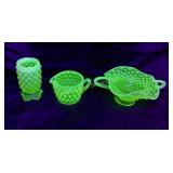 Three pieces of vaseline glass hobnail