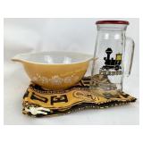 Purdue bag, mug/jar & Pyrex flower nesting bowl