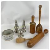 Stompers, crock, pewter salt and pepper shakers