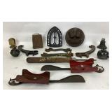 Sleigh bell, scoop, trivet, wrench, cowbell and