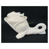 Dolphin and coy milk glass covered dish. In good