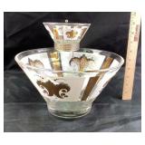 MCM chip and dip bowl  with gold Fleur De Lis