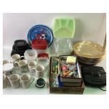Chargers, food storage cases, Corelle mugs, VHS