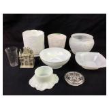 Milk glass: vases, pots, serving trays, Flower