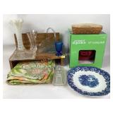 10" gazing ball new in box, plastic tablecloth,