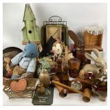 Home decor: birdhouse, clocks, kaleidoscope,