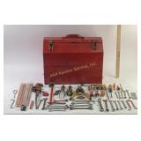 Metal Toolbox and tools: pipe wrench, pliers, wren