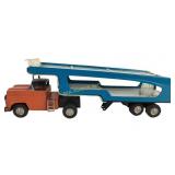 Linemar Orange and Blue Tin Car Transporter Truck