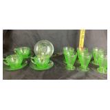 Uranium Green Depression Cups, Saucers, Tumblers