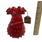 Red Glass Empoli Hobnail Vase with Ruffled Rim