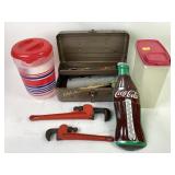 Toolbox with various tools CocaCola thermometer