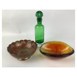Made in India brass colored bowl, green decanter,