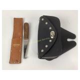 Leather motorcycle pouch, Hyde stainless knife in