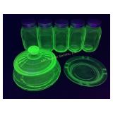 Uranium glass ashtray, candy dish, and set of 5