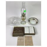 Historial Cards, Trinket Dishes, Oil Lamp. Dishes
