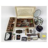 Jewelry boxes, pins, Archway buckle, lighters,