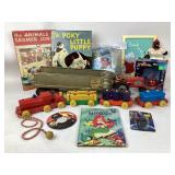 toys: Structo metal trailer, Auburn tractor,