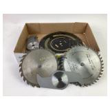 Box of saw blades, various cuts, materials, and
