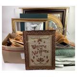 Frames, wood hangers, linen. Unframed art,