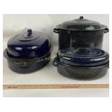 Enameled roasters, and stock pot, some chips and