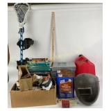 Gas can, welders mask, tent piles, lacrosse