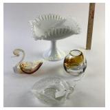 Fenton Milk Glass Pedestal Compote, Amberina glass