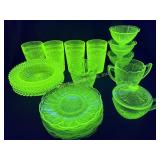 Green Uranium Glass plates, saucers, dessert cups