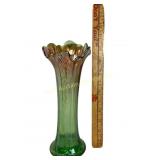 Carnival Glass Swung Vase with Green Iridescent Fi
