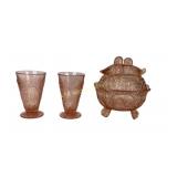 Pink Depression Glass Bowl with dove Lid and Tumbl