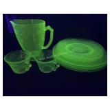 Green Depression Glass Tableware with Etched Flora