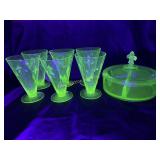 Fleur-de-Lis Divided Uranium Glass Dish and (8) Et