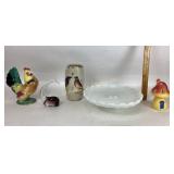 Milk glass Cake Stand, glass fish paperweight, roo