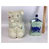 Ceramic Bear Cookie Jar and Green and Blue Transfe