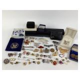 Costume jewelry brooches, pins, boxes