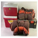 Camping gear: two sleeping bags & one Igloo