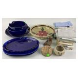 Cobalt blue stoneware platters, fruit bowl,