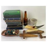 Bank of Markle crock, army men, wooden keg taps,